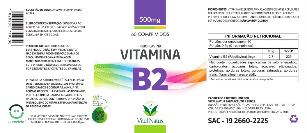 VITAMINA B2 500mg C/ 60 COMPRIMIDOS 