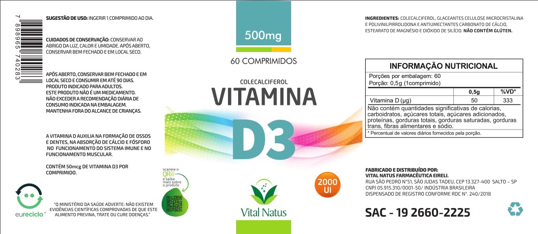 VITAMINA D3 500mg C/ 60 COMPRIMIDOS