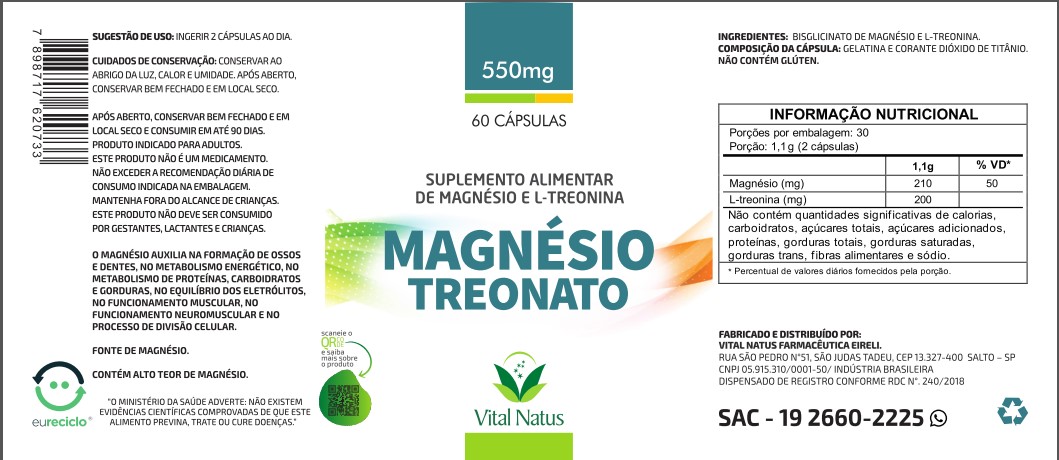 MAGNÉSIO TREONATO 550mg - 60 CAPSULAS